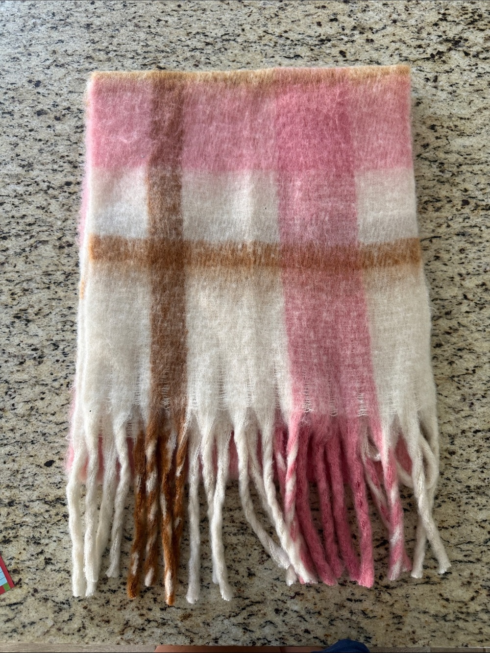 Nordstrom Pink, Cream & Brown Plaid Fringe Scarf